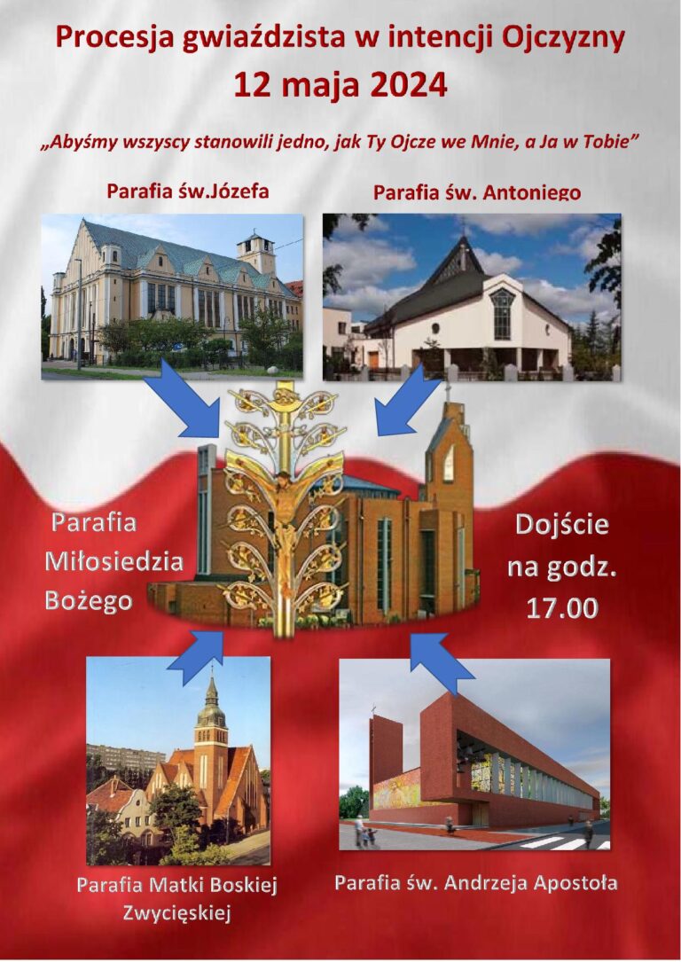 W niedzielę 12 maja odbędzie się „procesja gwiaździsta” w intencji Ojczyzny z kościołów naszego dekanatu do kościoła Miłosierdzia Bożego.